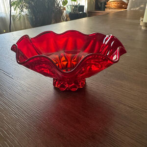 Vintage Ruby Red Pressed Glass Pedestal Bowl
